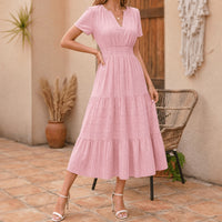 Elodie Women's White Tiered Midi Dress with Pockets in Pink