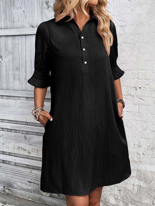 Ember Women's Collared Ruffle Sleeve Shirt Dress Knee Length in Black