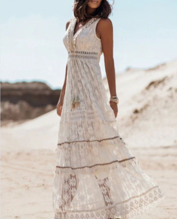 Emerson Vintage Tassel Drawstring Boho Dress in White