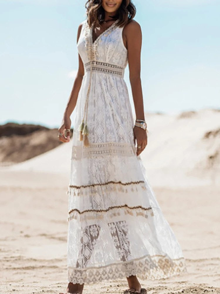 Emerson Vintage Tassel Drawstring Boho Dress in White