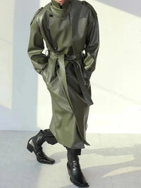Emil Leather Coat with Belted in Army Green