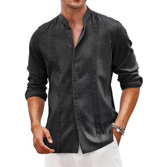 Emile Linen Shirt with Stand Collar in Blue
