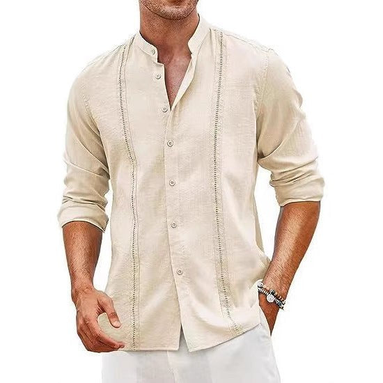 Emile Linen Shirt with Stand Collar in Blue
