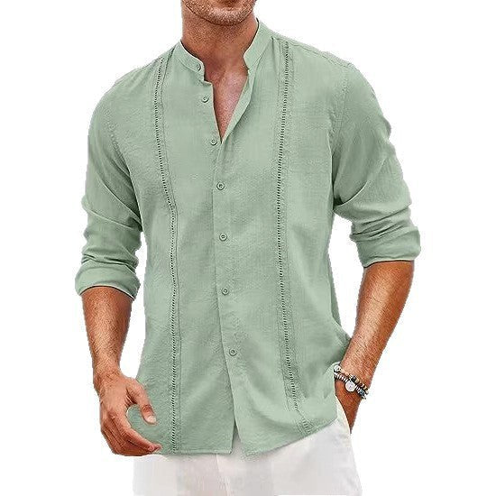 Emile Linen Shirt with Stand Collar in Blue