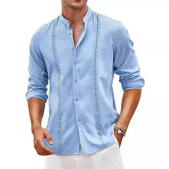Emile Linen Shirt with Stand Collar in Blue