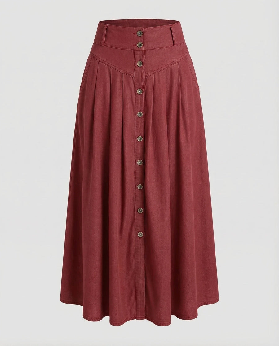 Emilia Skirt with Button Front and Belted in Wine Red