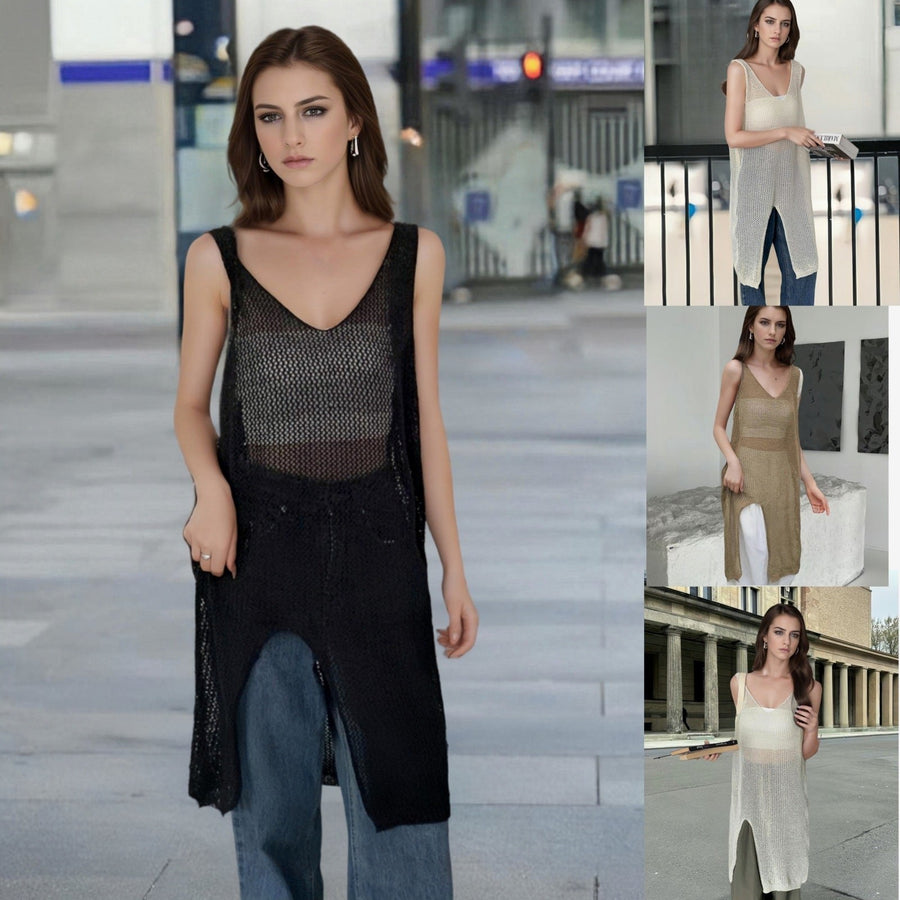 Emmeline Airy Knit Cape with V-Neck and Side Split