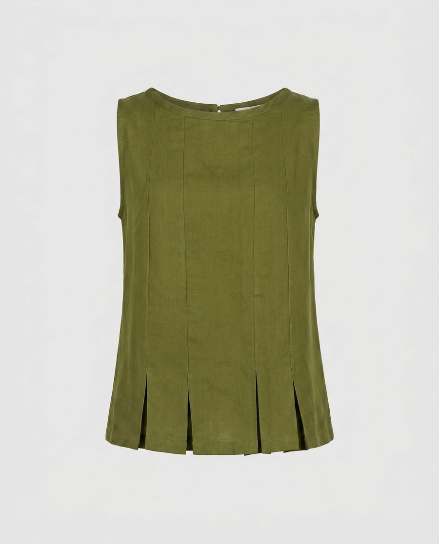Emmeline Linen Top with Sleeveless and Pleated in Moosgrün