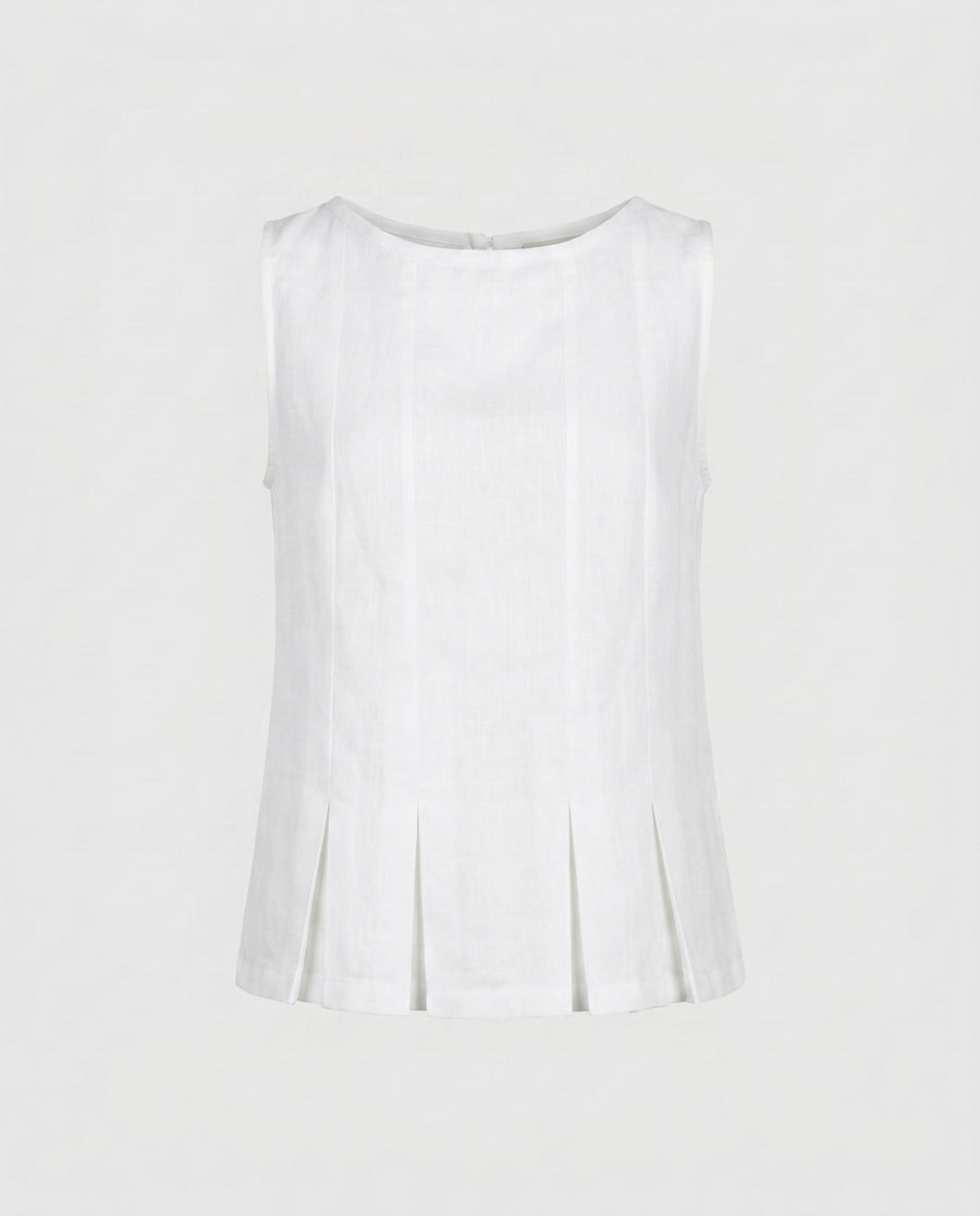 Emmeline Linen Top with Sleeveless and Pleated in White