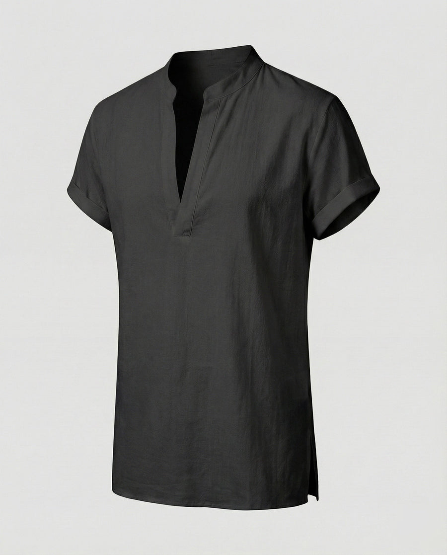 Emmett Casual Linen Shirt with Side Split in Black