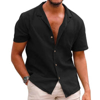 Emmett Lightweight Linen Shirt with Short Sleeve in Black