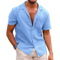 Emmett Lightweight Linen Shirt with Short Sleeve in Blue