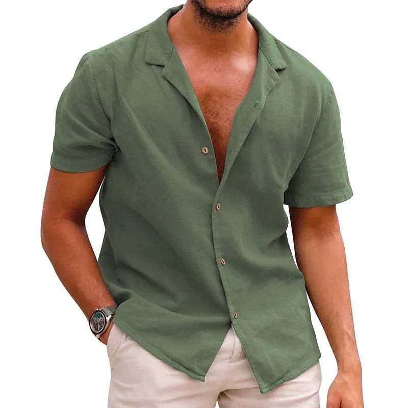 Emmett Lightweight Linen Shirt with Short Sleeve in Green
