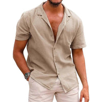 Emmett Lightweight Linen Shirt with Short Sleeve in Khaki