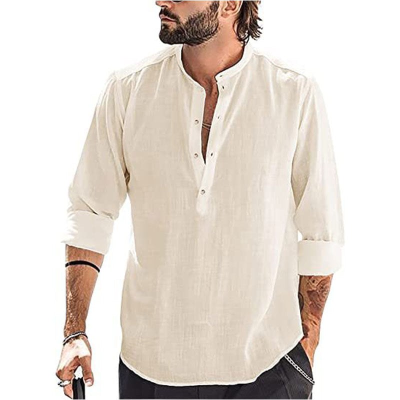 Erik Breathable Linen Blend Shirt with Stand Collar and Long Sleeve in Apricot