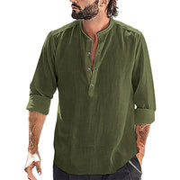 Erik Breathable Linen Blend Shirt with Stand Collar and Long Sleeve in Green