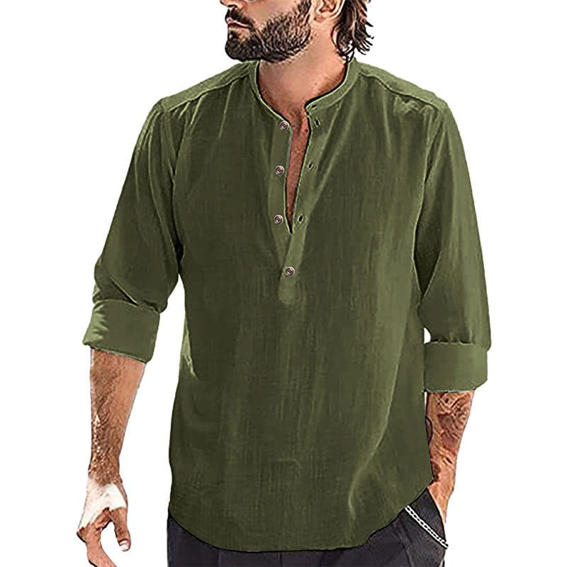 Erik Breathable Linen Blend Shirt with Stand Collar and Long Sleeve in Green