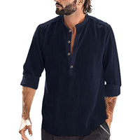 Erik Breathable Linen Blend Shirt with Stand Collar and Long Sleeve in Navy
