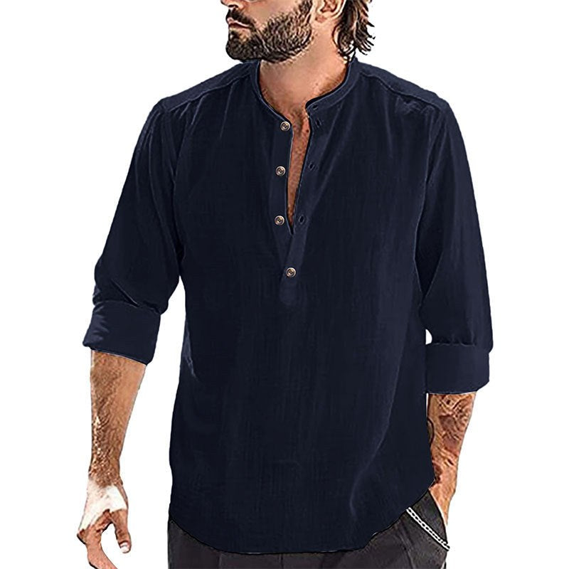 Erik Breathable Linen Blend Shirt with Stand Collar and Long Sleeve in Navy