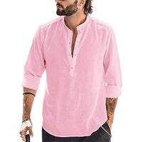Erik Breathable Linen Blend Shirt with Stand Collar and Long Sleeve in Pink