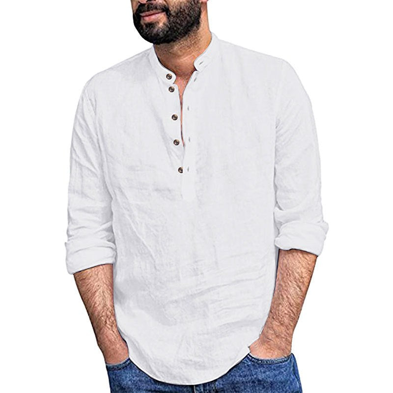 Erik Breathable Linen Blend Shirt with Stand Collar and Long Sleeve in White