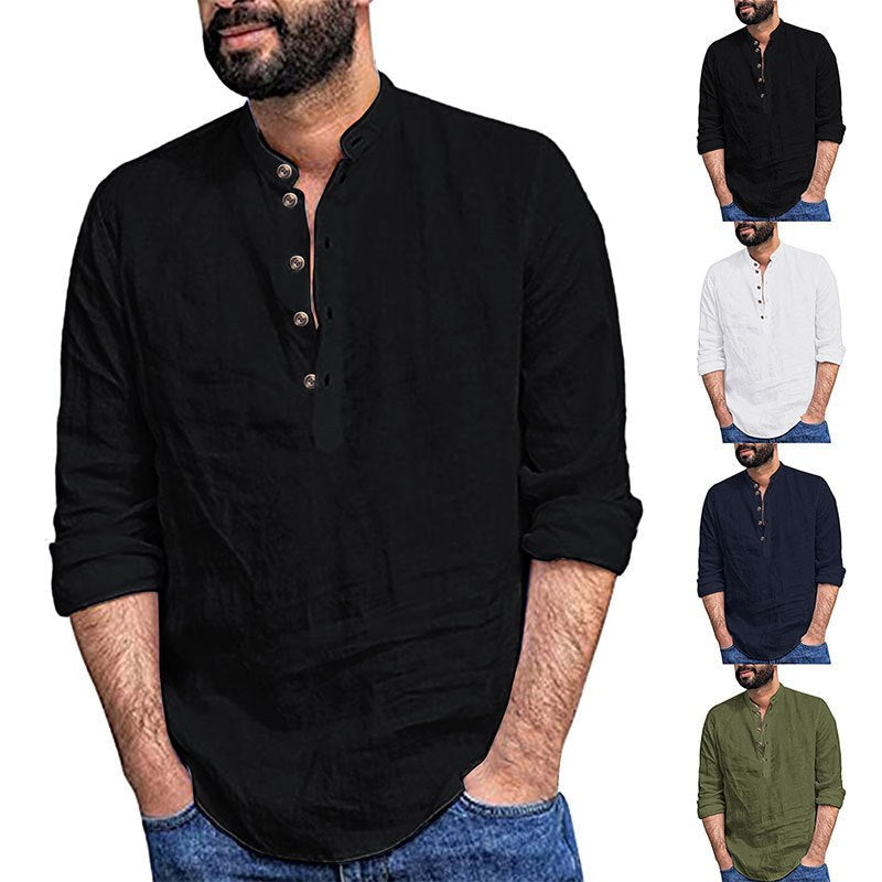 Erik Breathable Linen Blend Shirt with Stand Collar and Long Sleeve