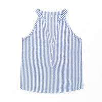 Erin Casual Top with V-Neck and Button Front in Blue White