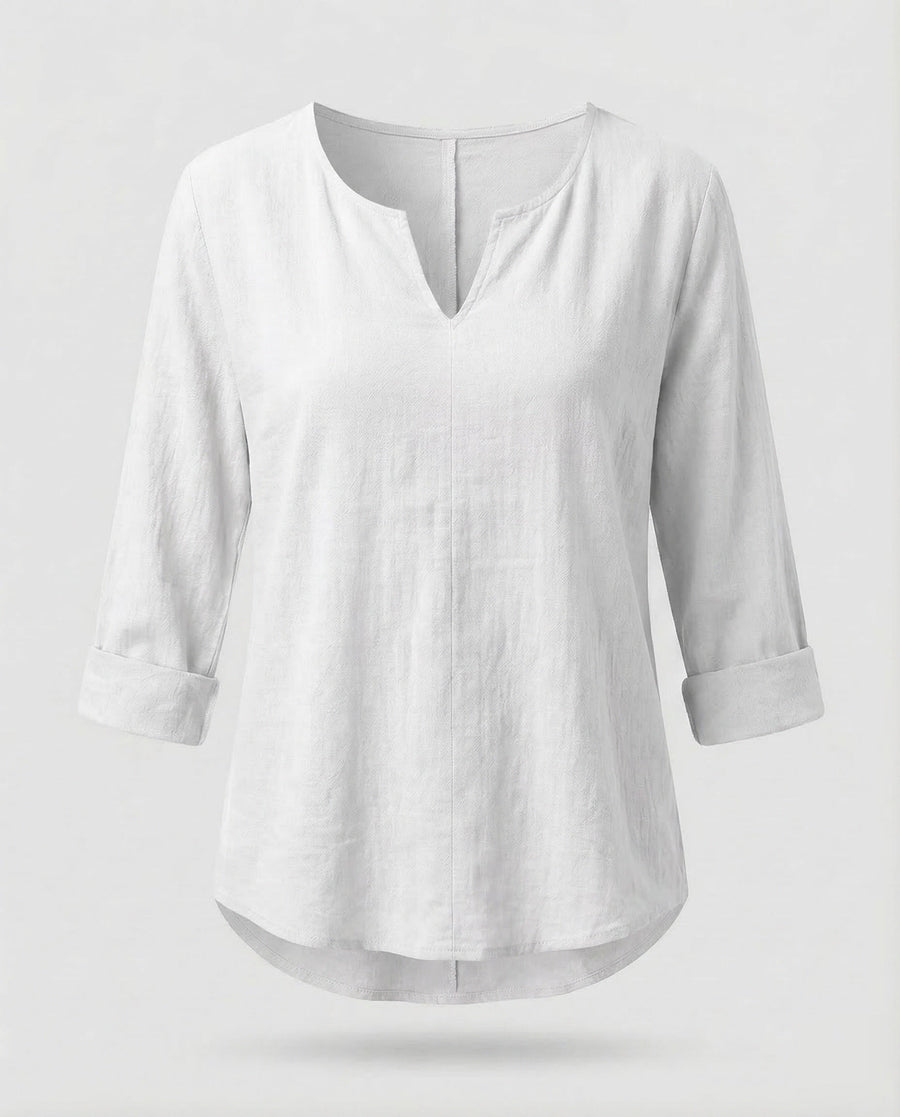 Erin Linen Blouse with V-Neck in Light Blue