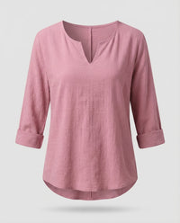 Erin Linen Blouse with V-Neck in Pink