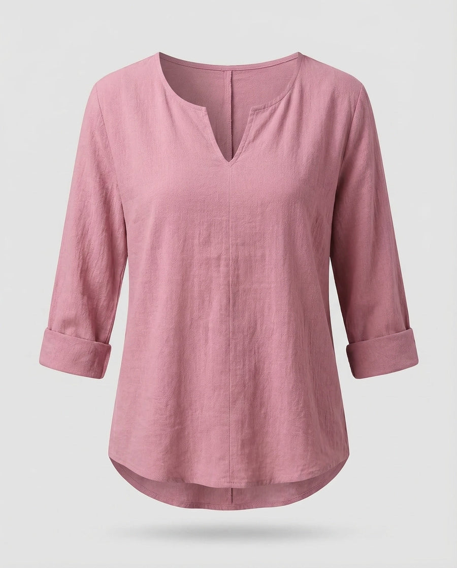 Erin Linen Blouse with V-Neck in Pink