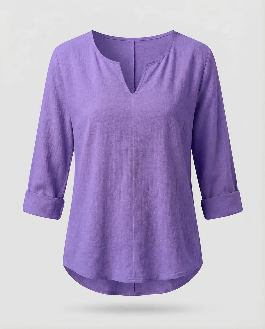 Erin Linen Blouse with V-Neck in Purple