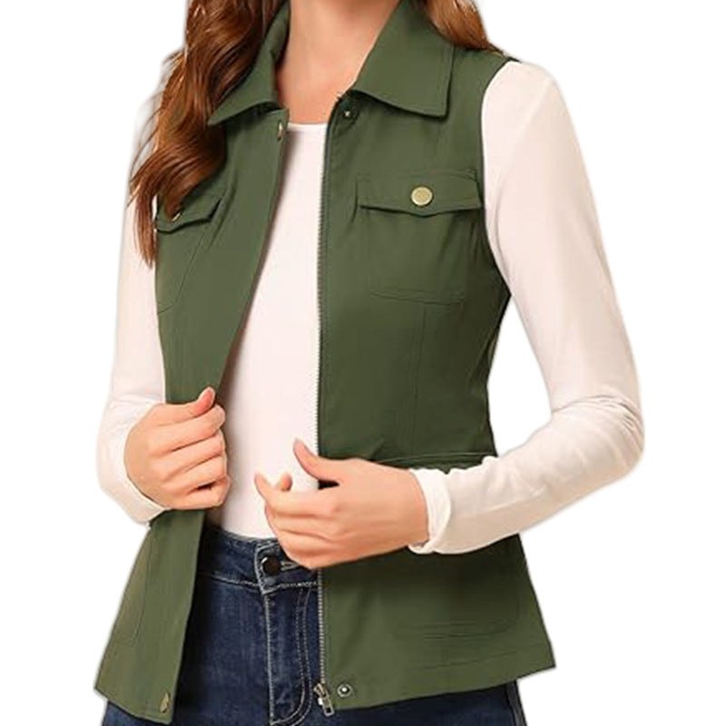 Erin Vest with Zip Front and Pockets in Olive Green