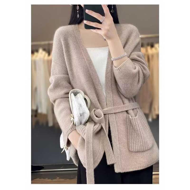 Esme Comfortable Knit Cardigan with Pockets and Belted in Light Brown