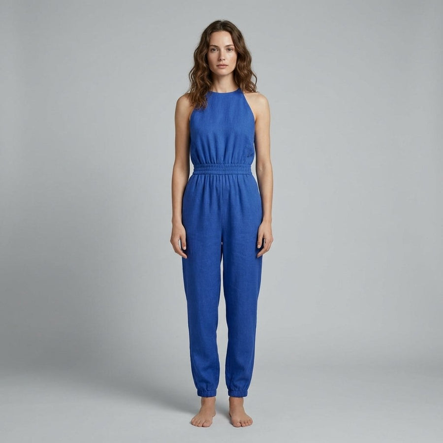 Esme Halter Smocked Jumpsuit in Azure