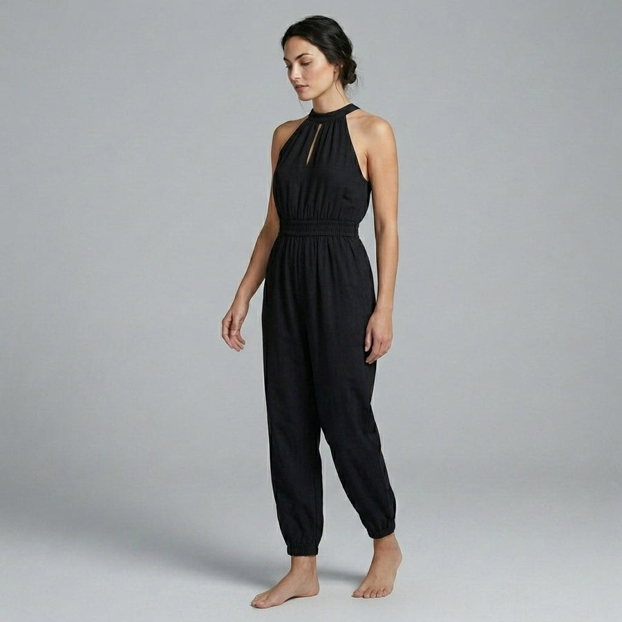 Esme Halter Smocked Jumpsuit in Noir