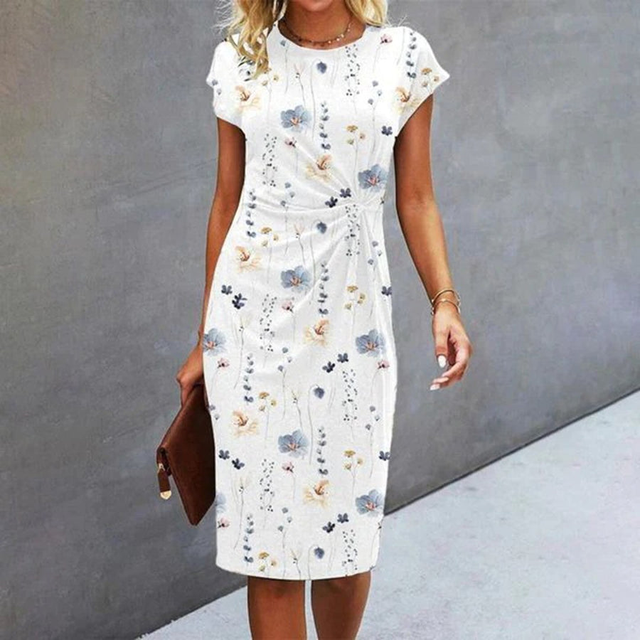 Estelle Women's Floral Print Midi Dress Short Sleeve Round Neck Casual Dress in White
