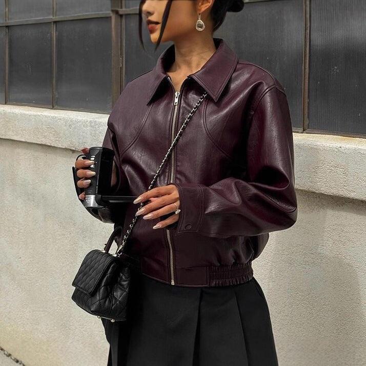 Esther Leather Jacket in Wine Red