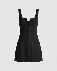 Etta Airy Linen Mini Dress with Button Front in Black