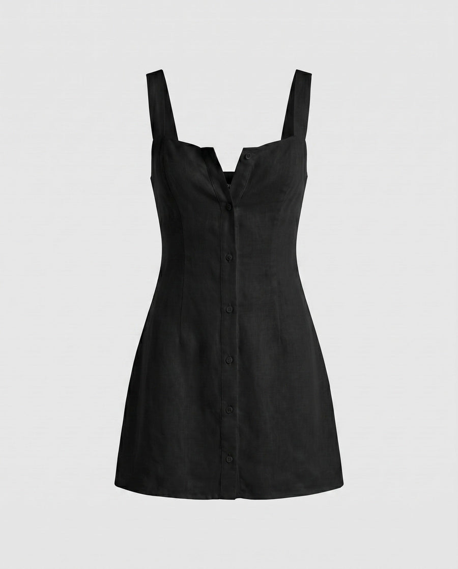 Etta Airy Linen Mini Dress with Button Front in Black