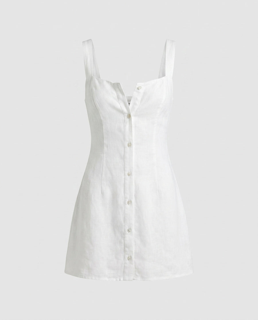 Etta Airy Linen Mini Dress with Button Front in White