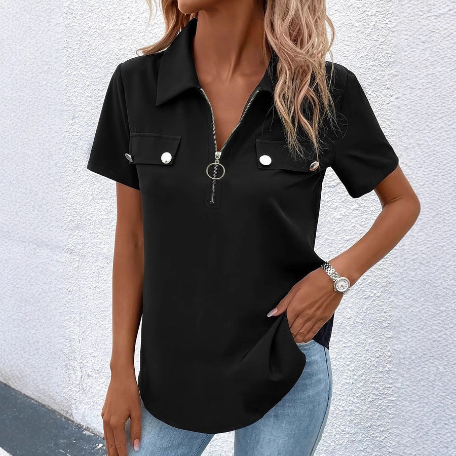 Etta Blouse with Short Sleeve and Zip Front in Black