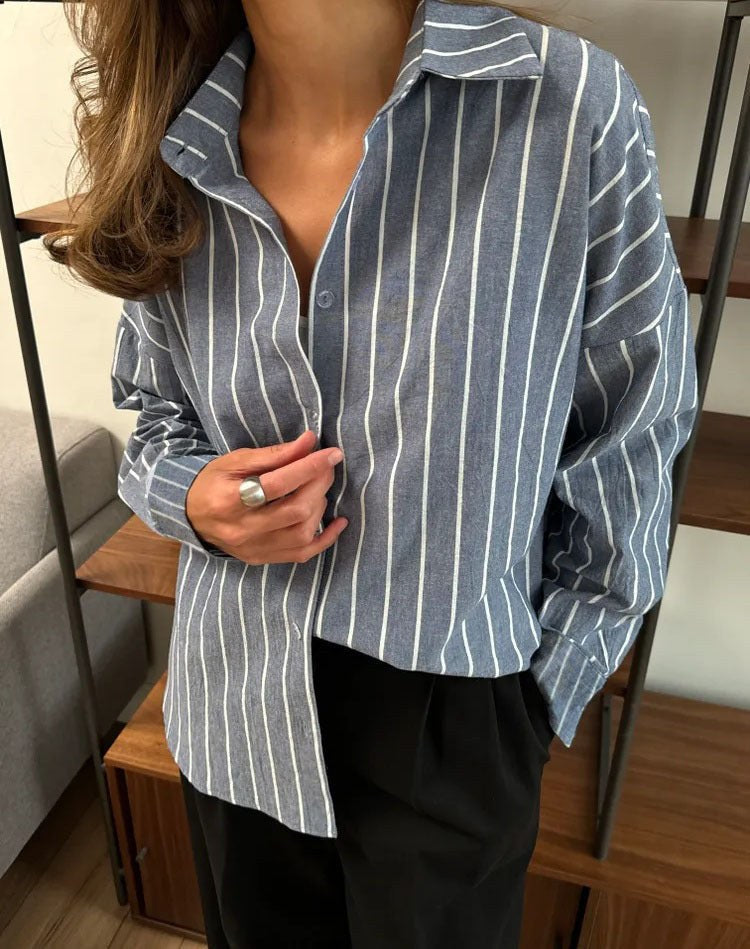 Etta Casual Blouse with Striped in Blue Grey