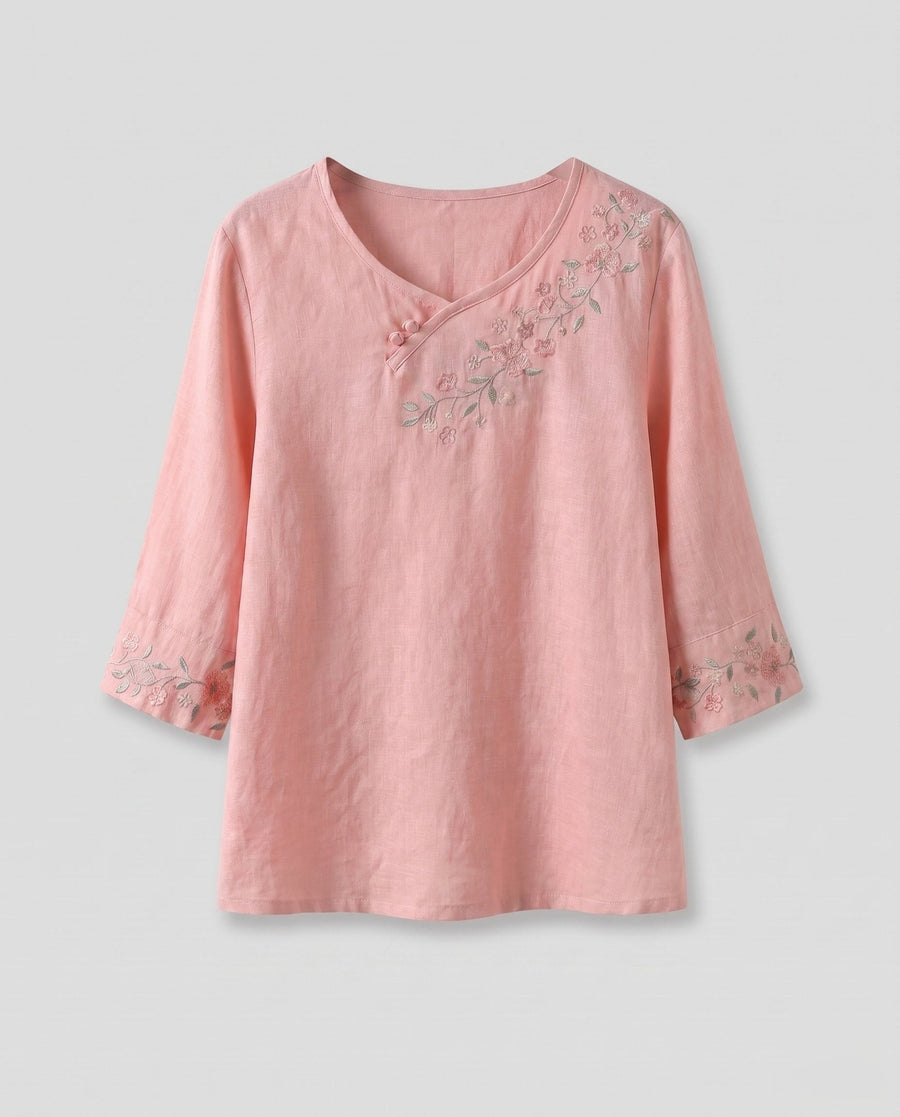 Eulalia Elegant Linen Top with Embroidery in Pink