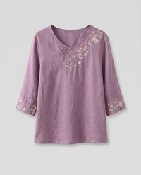 Eulalia Elegant Linen Top with Embroidery in Purple