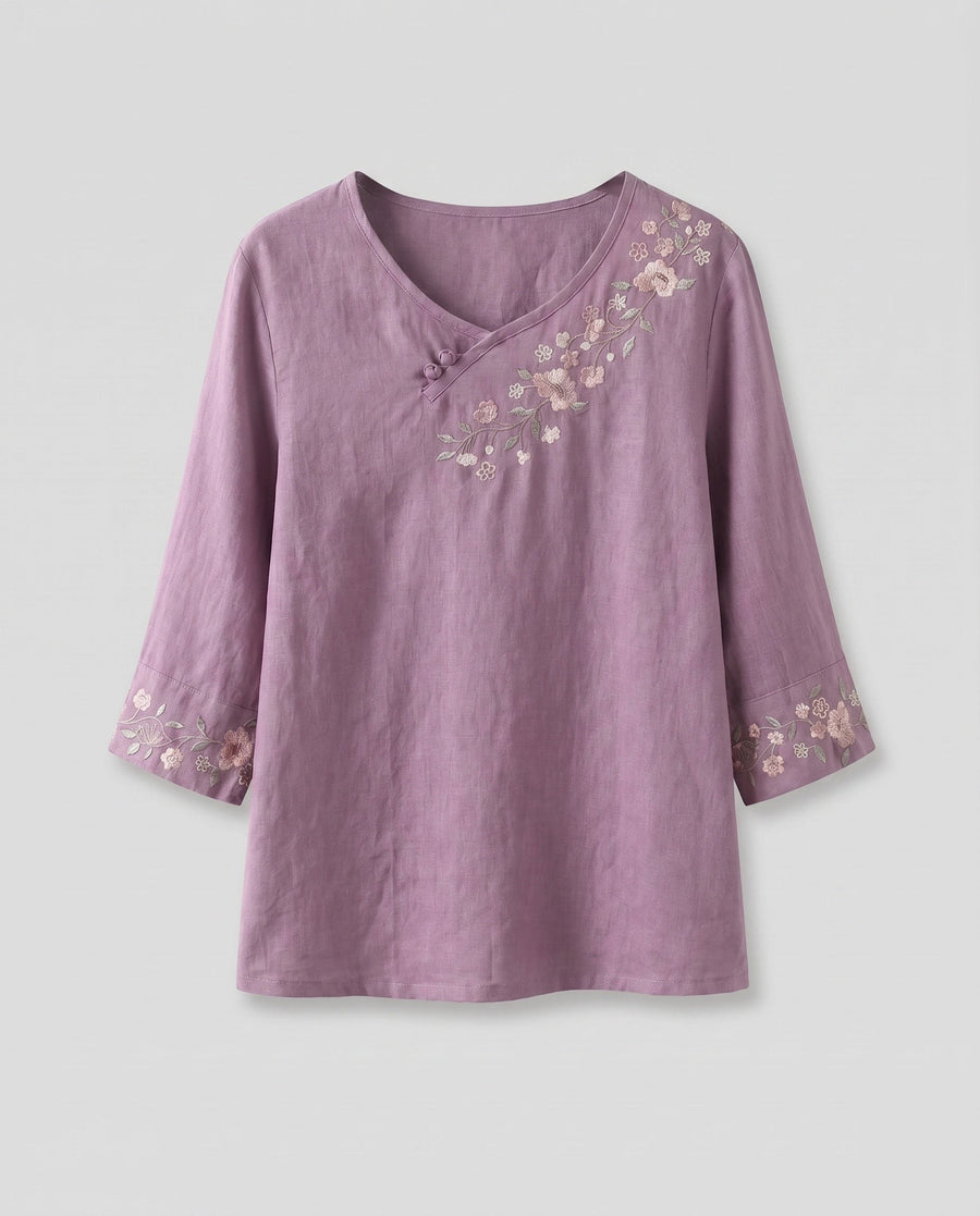 Eulalia Elegant Linen Top with Embroidery in Purple