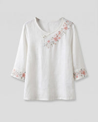 Eulalia Elegant Linen Top with Embroidery in White