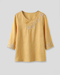 Eulalia Elegant Linen Top with Embroidery in Yellow