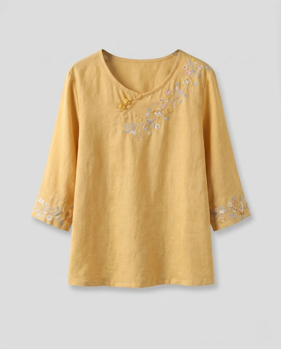 Eulalia Elegant Linen Top with Embroidery in Yellow