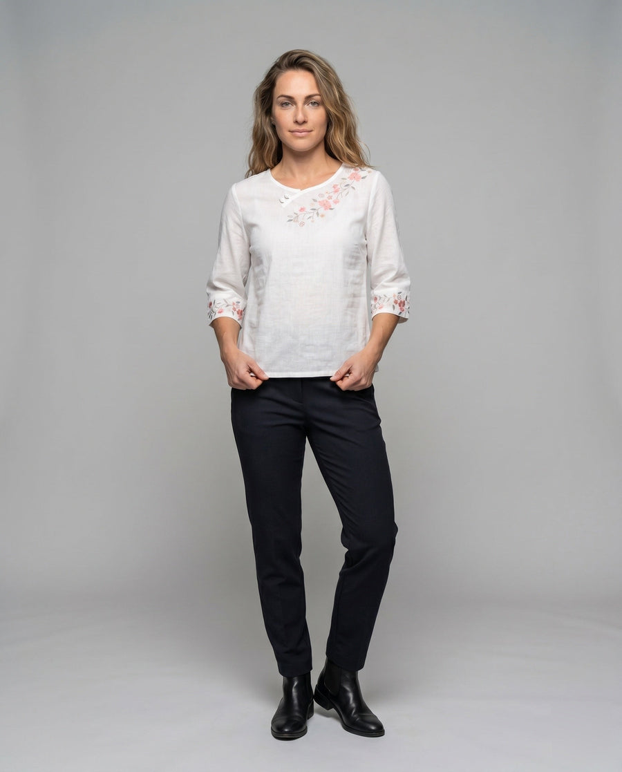 Eulalia Elegant Linen Top with Embroidery