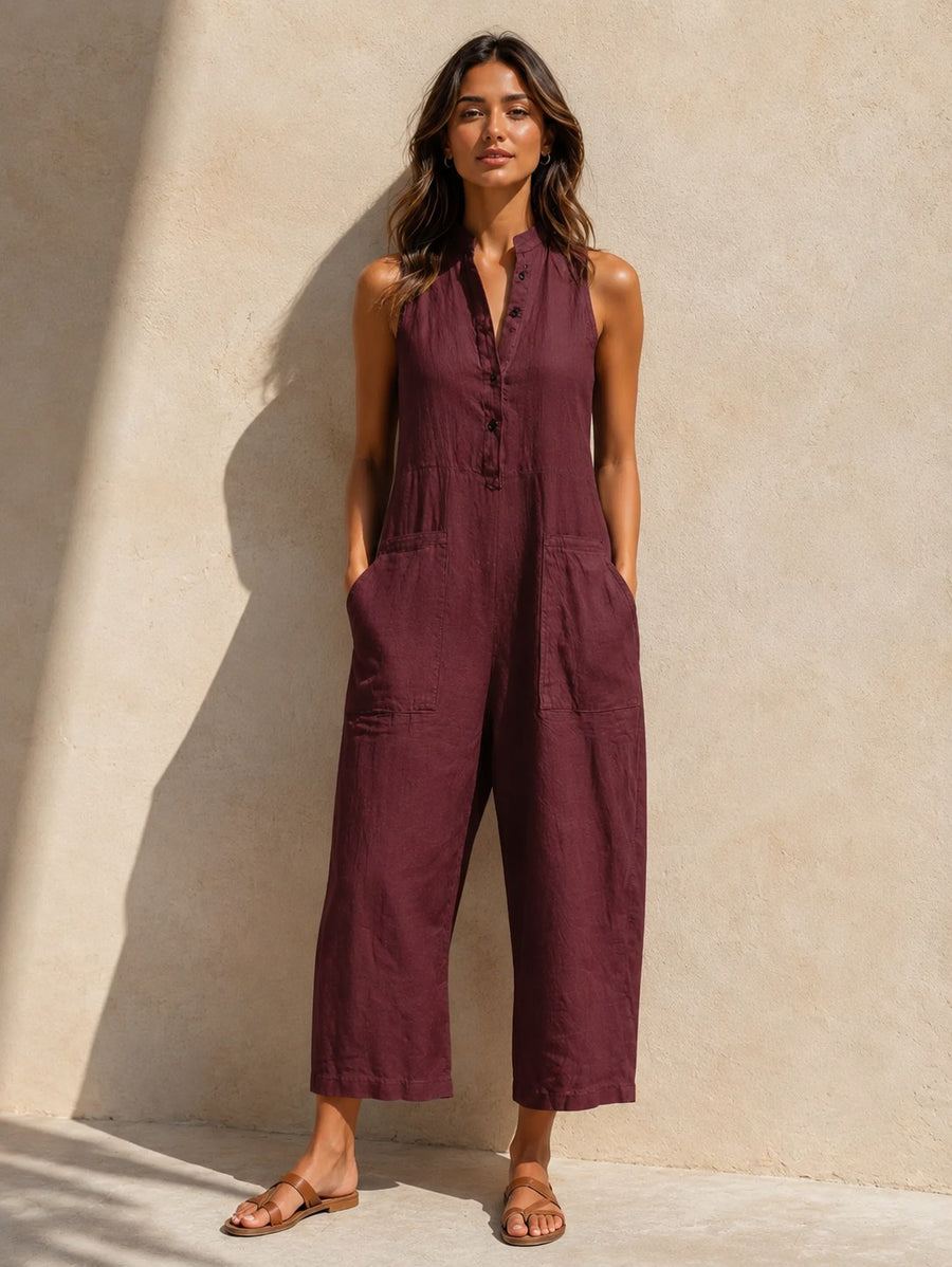 Evangelia Women's Sleeveless Wide Leg Jumpsuit in Burgundy